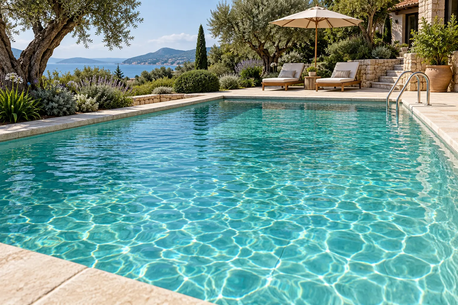 Illustrative residential pool showing the floor, waterline and surrounding trees